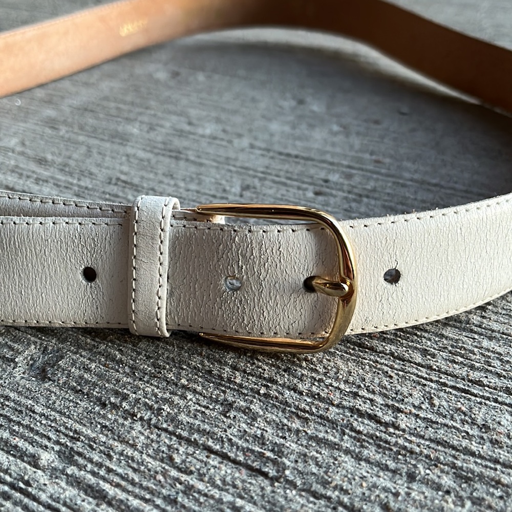 VINTAGE genuine leather white belt with gold buckle